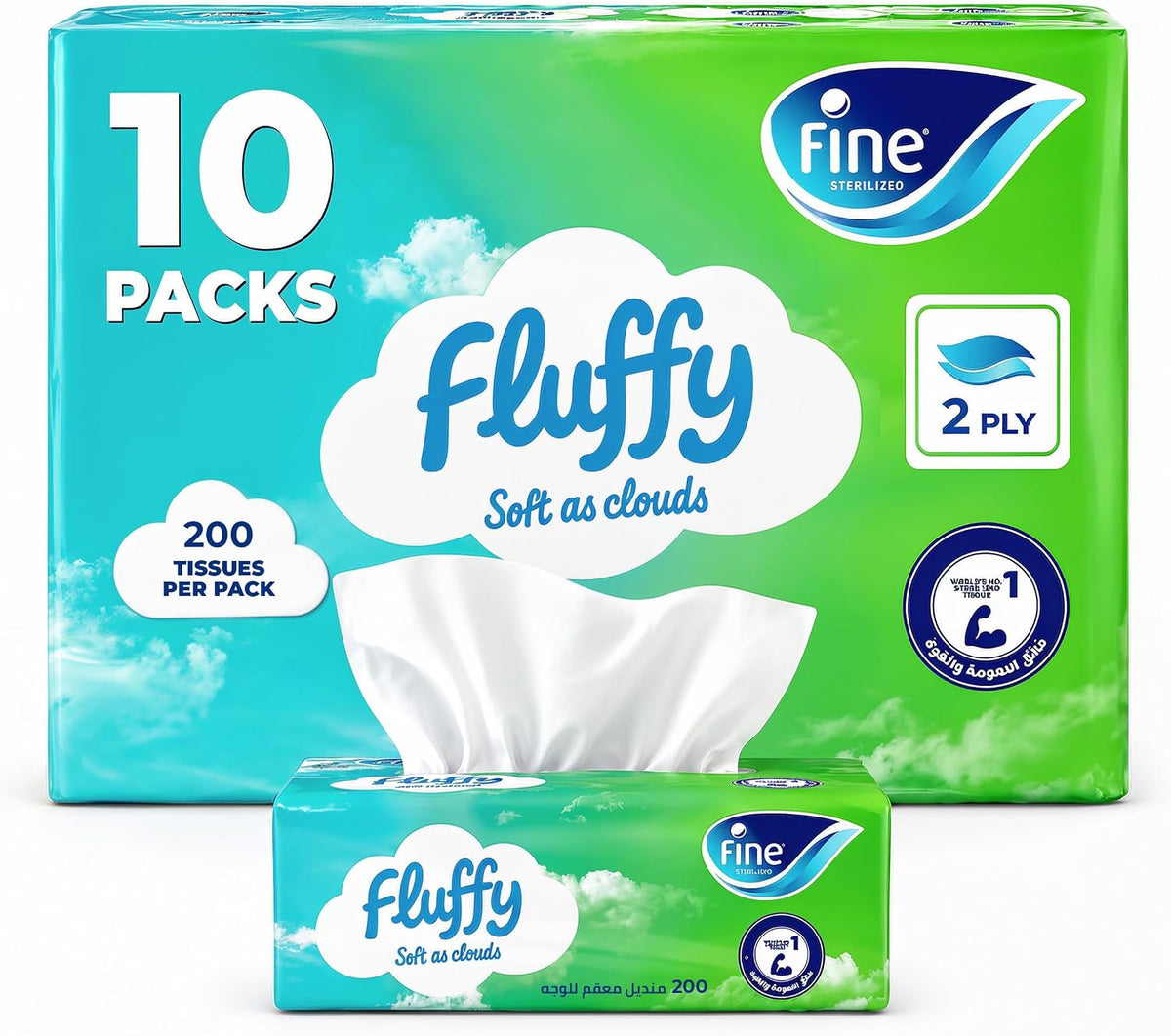 Fine Fluffy Facial Tissue, 10 packs of 200 sheets x 2 Ply — front product image