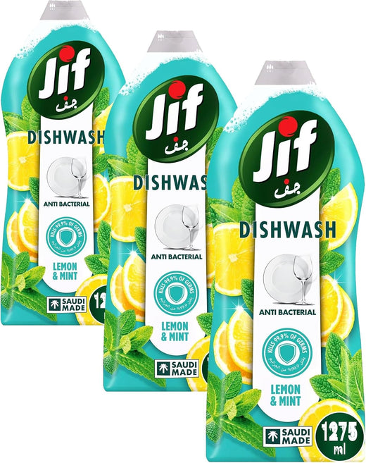 JIF Antibacterial Dishwashing Liquid Lemon & Mint, for 100% Grease Removal, 1275ml (Pack of 3)