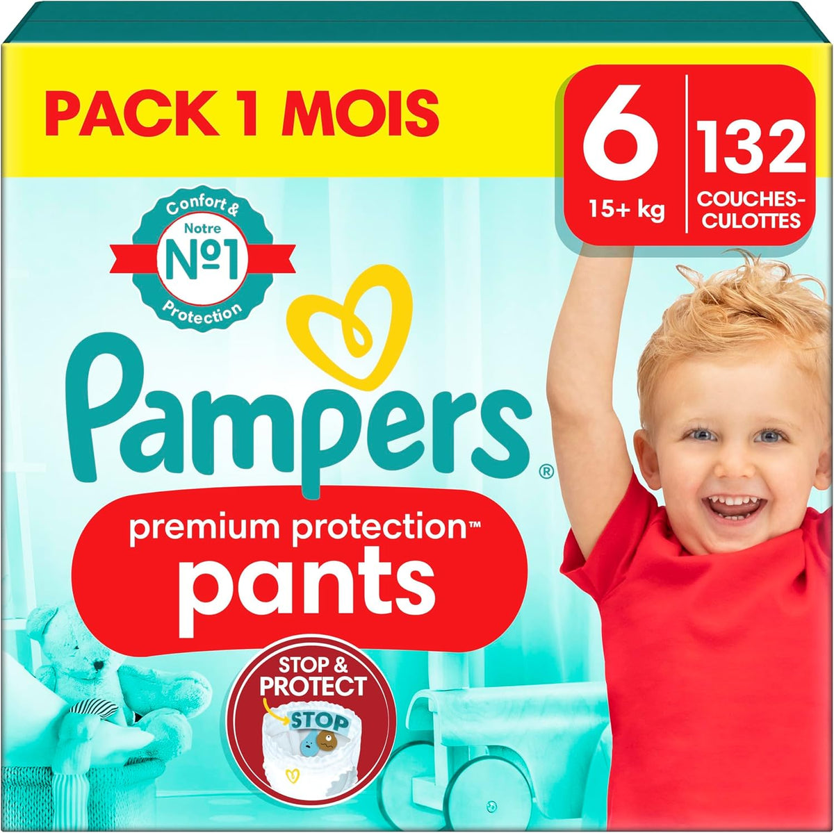 Pampers Baby Nappies Pants Size 6 (15 kg+) Premium Protection, Extra Large with Stop and Protection Pocket, Monthly Box, 132 Nappies