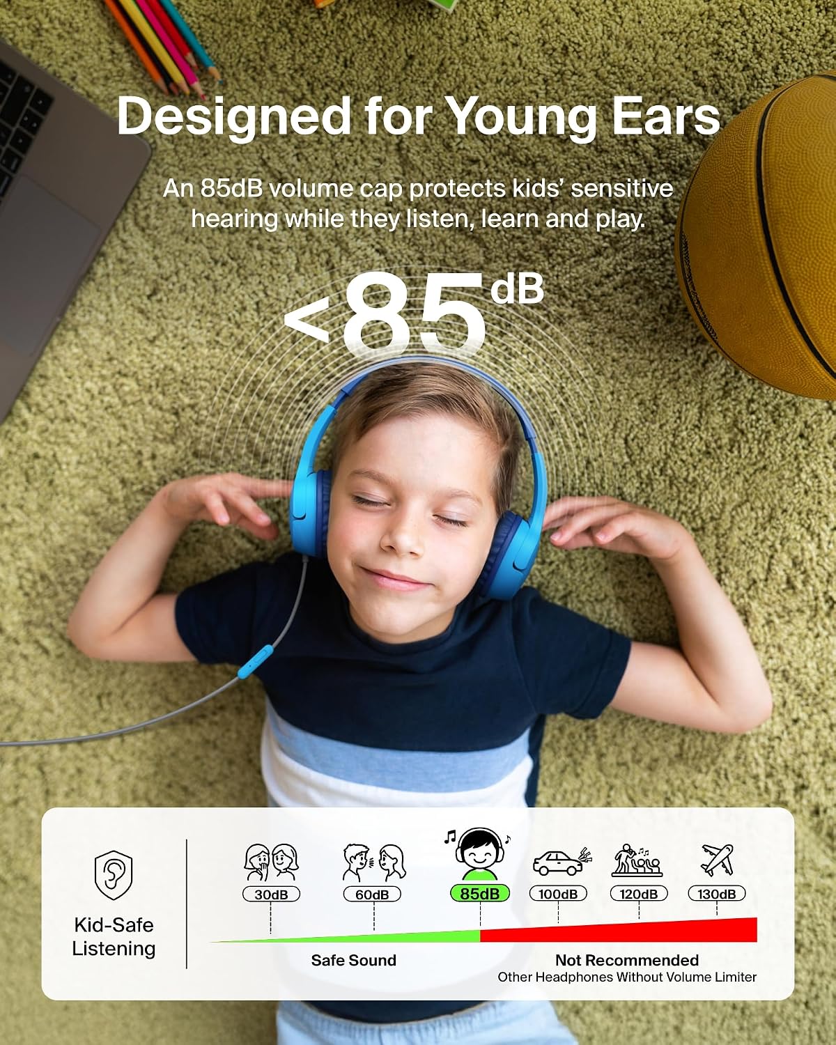 Belkin SoundForm Mini Kids Wired Headphones with USB-C to 3.5mm Dongle, Built-in Mic & Fun Stickers, 85dB Max Volume – for Online Learning, Travel, Compatible with iPhone, iPad, Galaxy, etc - Blue