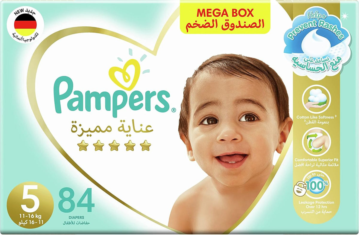 Pampers Premium Care Taped Baby Diapers, Size 5, 11-16kg, Unique Softest Absorption for Ultimate Skin Protection, 84 Count