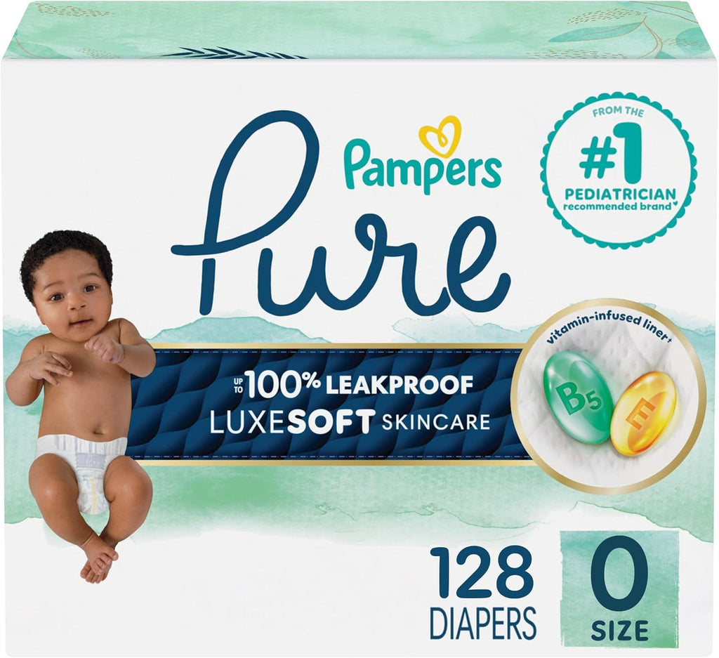 Pampers Diapers Size 0, 128 Count - Pure Protection Disposable Baby Diapers, Hypoallergenic and Unscented Protection, Enormous Pack (Packaging & Prints May Vary)