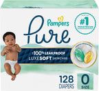 Pampers Diapers Size 0, 128 Count - Pure Protection Disposable Baby Diapers, Hypoallergenic and Unscented Protection, Enormous Pack (Packaging & Prints May Vary)