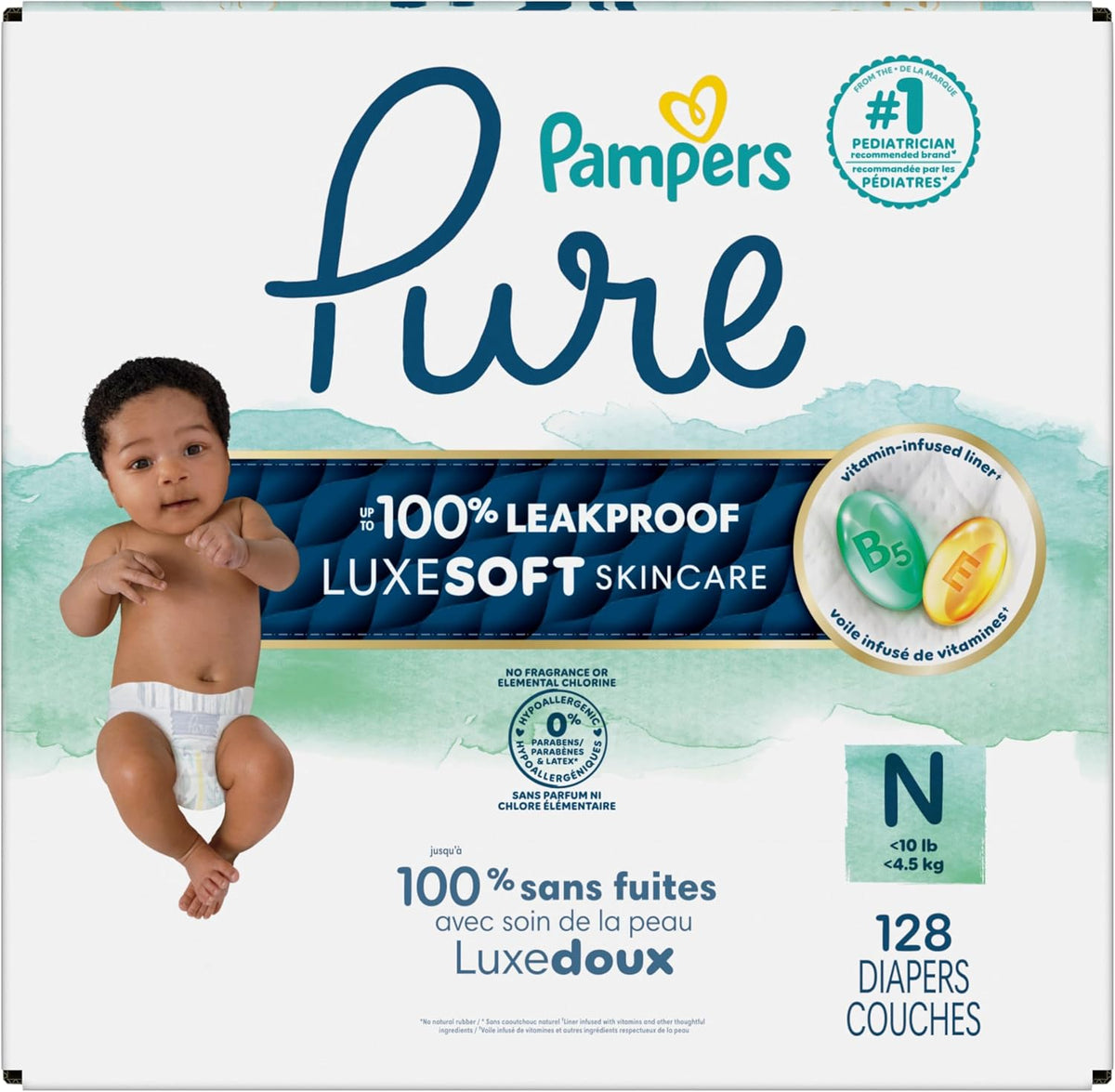 Pampers Diapers Size 0, 128 Count - Pure Protection Disposable Baby Diapers, Hypoallergenic and Unscented Protection, Enormous Pack (Packaging & Prints May Vary)
