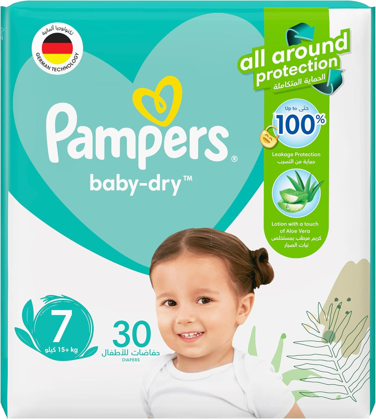 Pampers Baby-Dry Taped Diapers with Aloe Vera Lotion, up to 100% Leakage Protection, Size 7, 15+kg, 30 Count