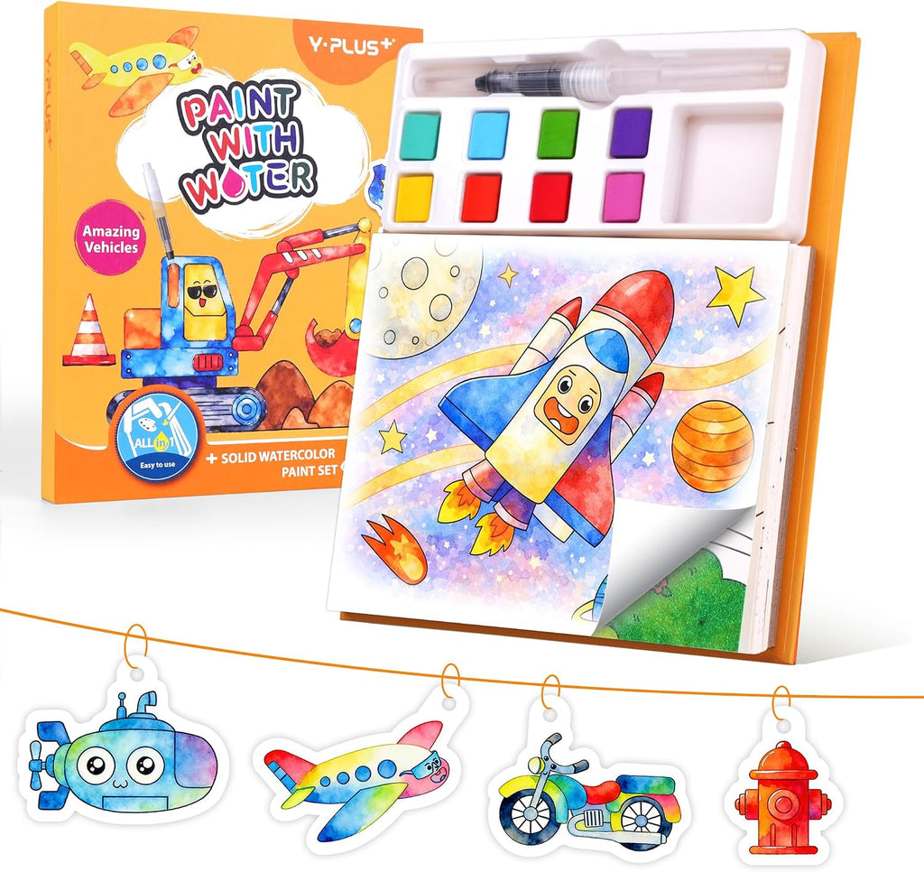 YPLUS Watercolour Activity Book with 8 Paint Colours — Vehicles