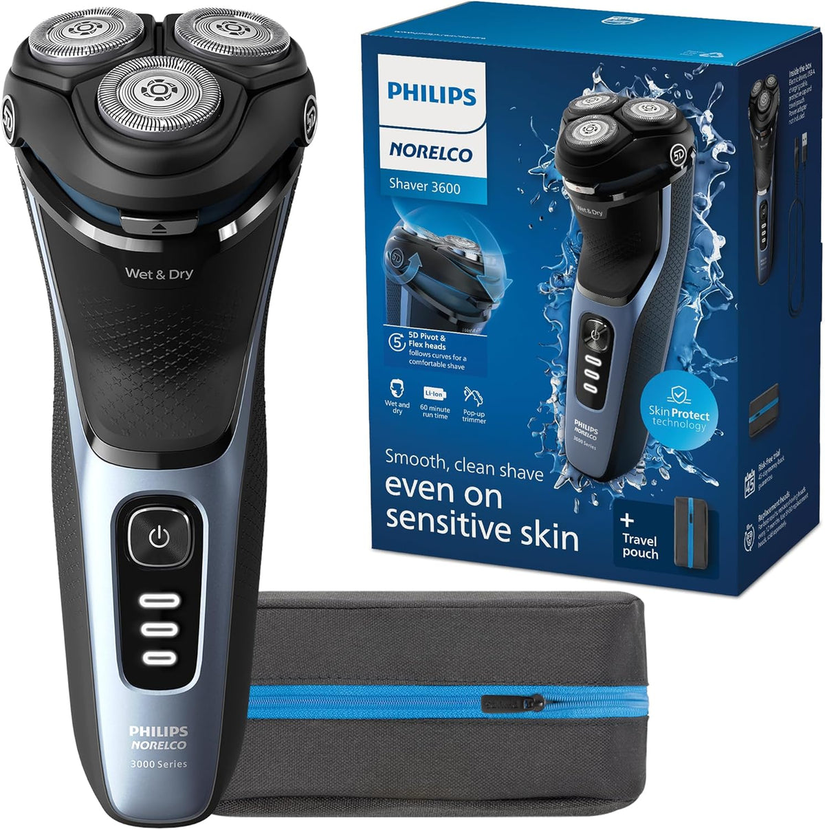 Philips Norelco Shaver 3600, Rechargeable Wet & Dry Electric Shaver with Pop-Up Trimmer and Storage Pouch, S3243/91 — Storm Blue