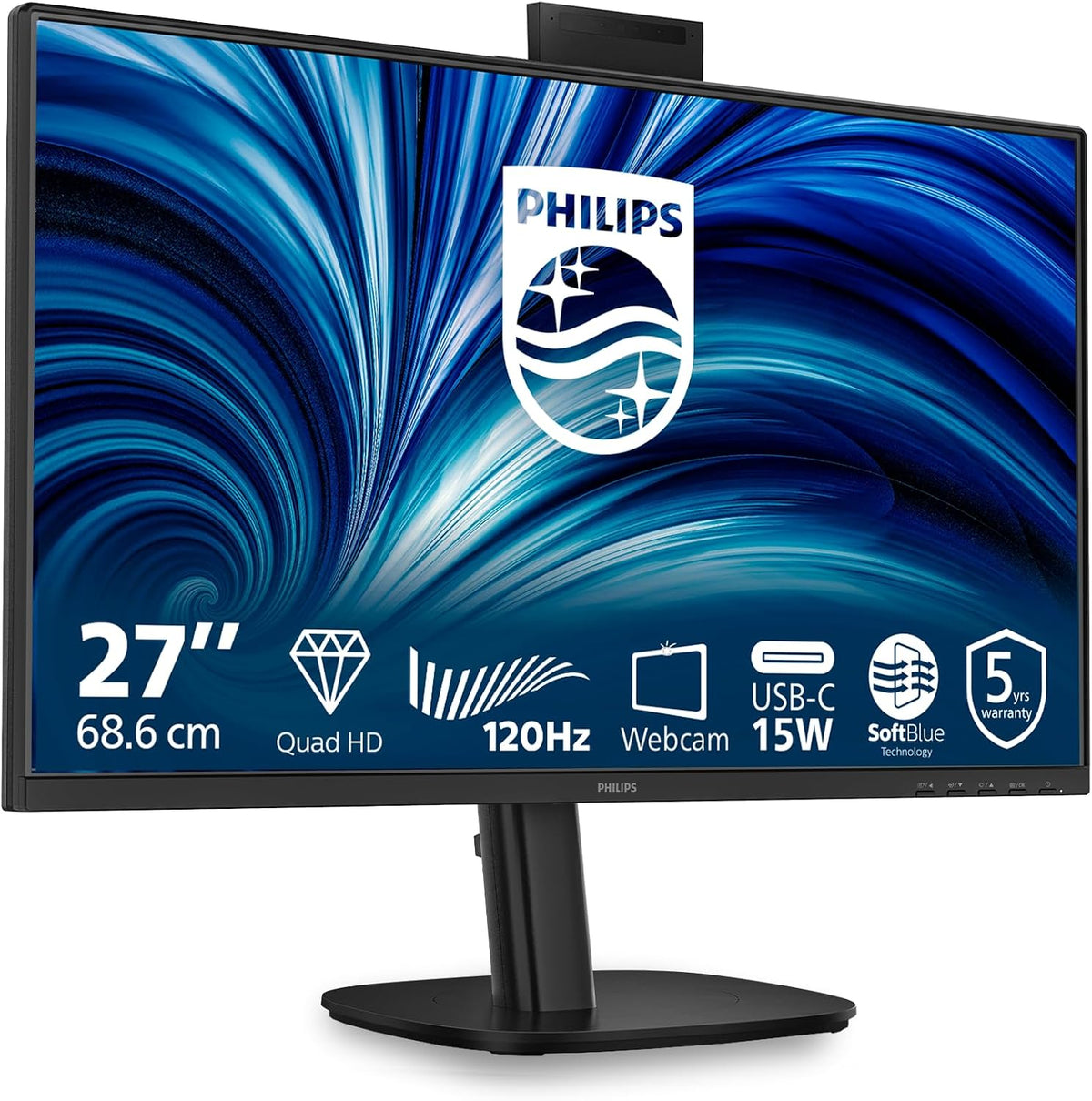 Philips Monitor 27B2N3500JH 27 Inch 120Hz IPS Panel, 4ms GtG, Height Adjustable, Webcam, Speakers, USB Hub (2560x1440 HDMI 2X 2.1 TMDS DP 1x 1.2) Black — Black