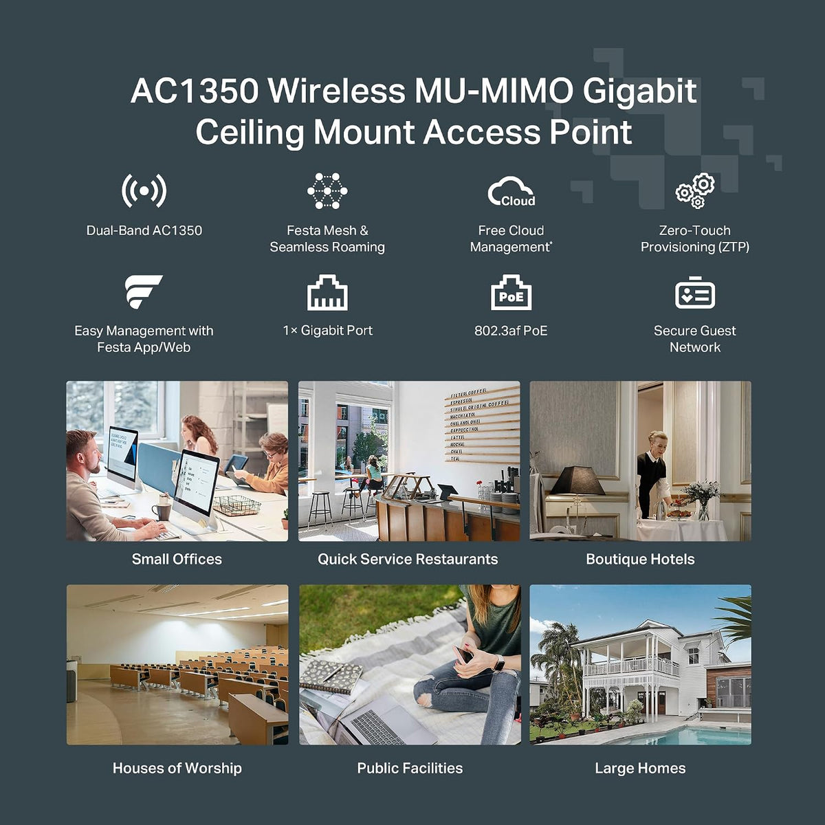 TP-Link Festa F52 Wireless Access Point AC1350 Gigabit Port Mesh, Seamless Roaming, MU-MIMO, Self-Organizing Network Free Cloud Management PoE Powered, Does not Work with Omada