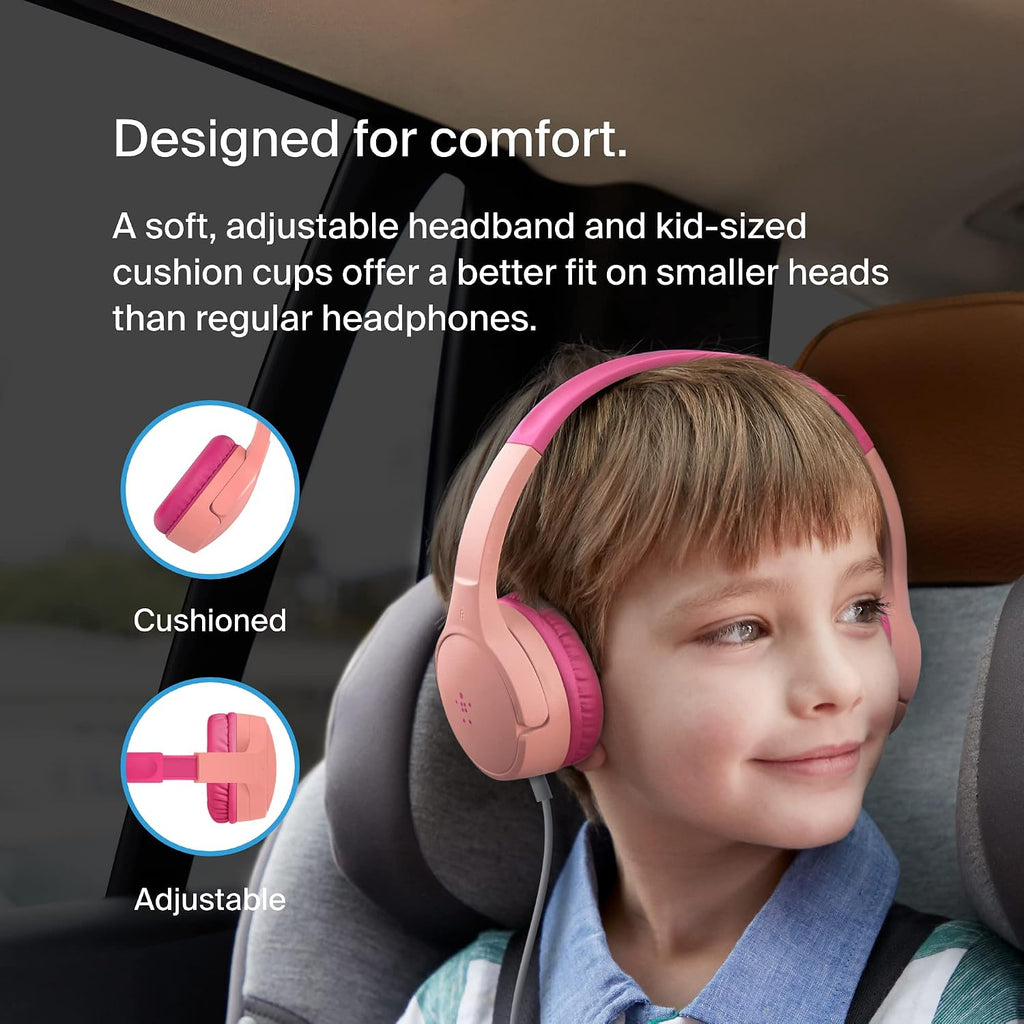 Belkin SoundForm Mini Wired On-Ear for Over-Ear Headset for Children with inline Microphone for Online Learning, School, Travel, Play, For 3.5mm Compatible Devices - Pink, Kids Headphones (Wired)