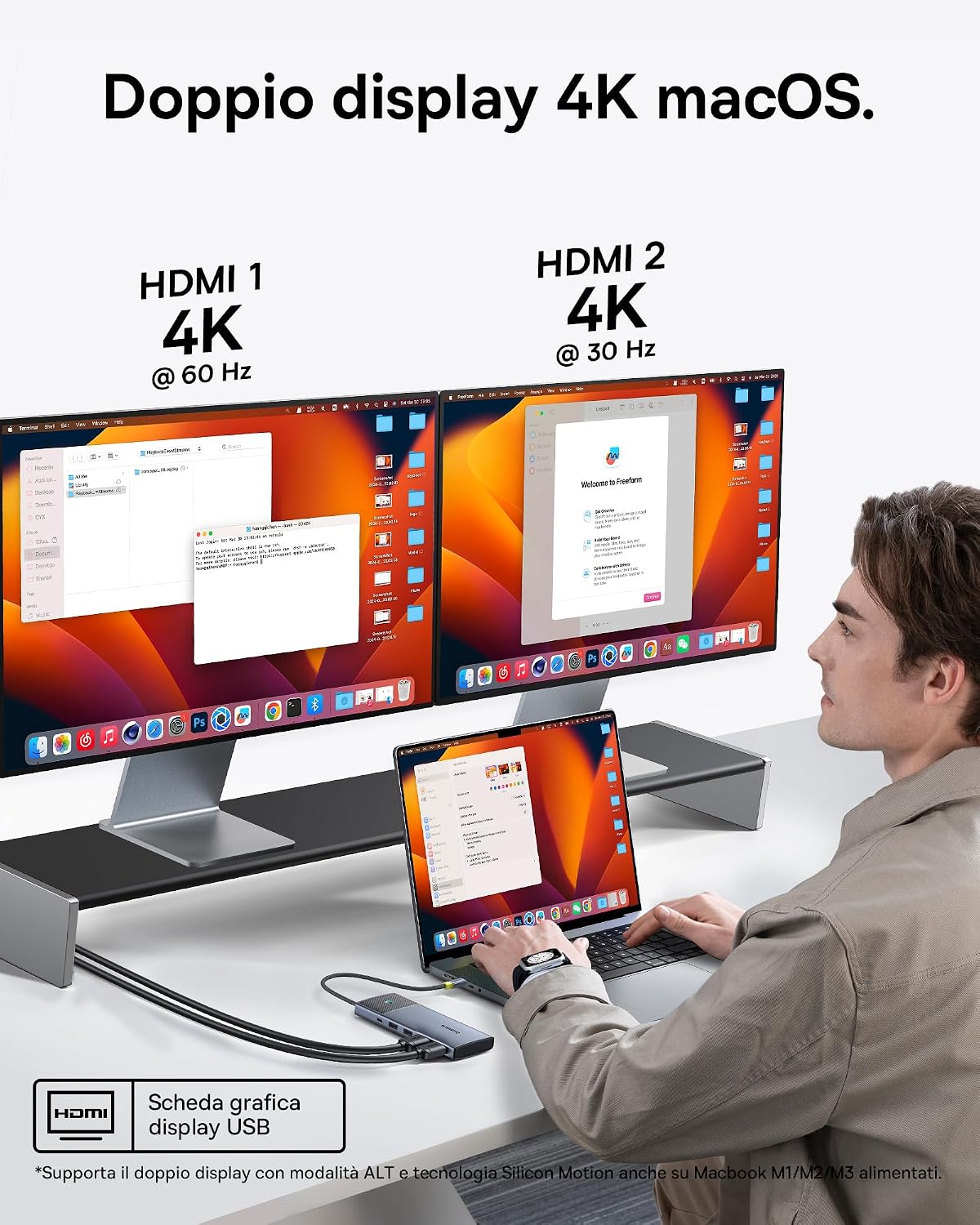 Baseus 7 in 1 USB C Hub Dual HDMI Adapter for MacOS with 2 HDMI, 10Gbps USB-A and USB-C, 2 USB-A 3.0, 100W PD, Docking Station for Laptop MacBook Pro Air M1 M2 M3 — 7 in 1 for MacOS — Grey