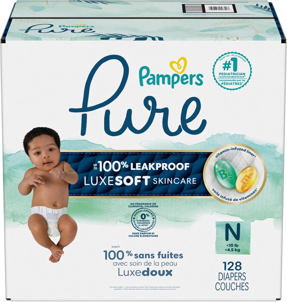 Pampers Diapers Size 0, 128 Count - Pure Protection Disposable Baby Diapers, Hypoallergenic and Unscented Protection, Enormous Pack (Packaging & Prints May Vary)