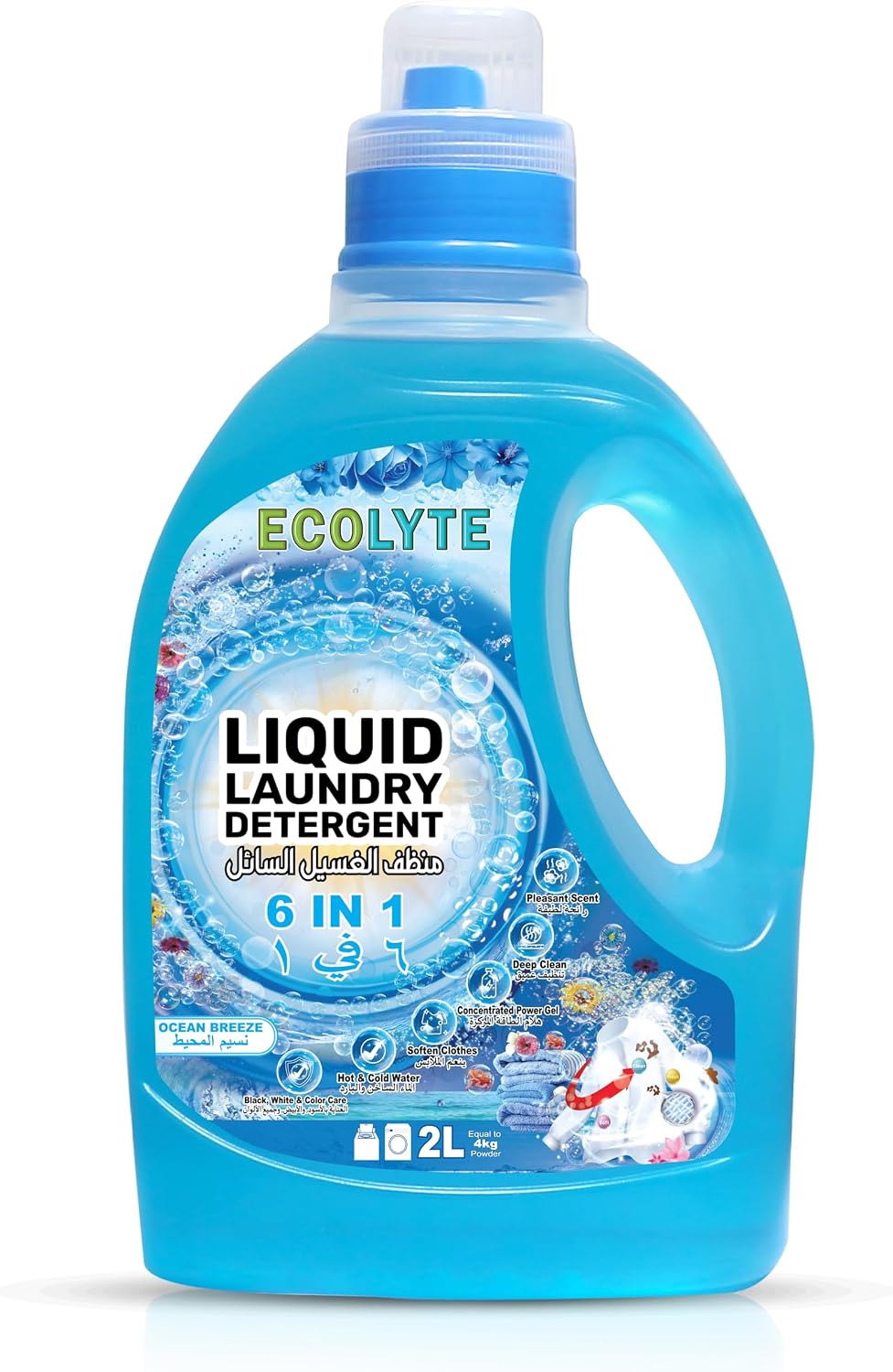 ECOLYTE+ Liquid Laundry Detergent for All Washing Machines, 6 in 1 Deep Clean Technology, Power Gel, Color Care, Perfect Cleanliness & Long-Lasting Freshness - (Ocean Breeze, 2 Liter) — front product image