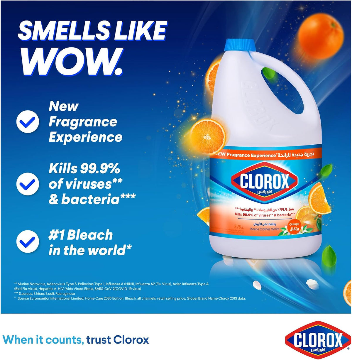 Clorox Liquid Bleach 3.78L, Orange Scent New Fragrance Experience, Kills 99.9% of Viruses and Bacteria, Cleans and Disinfects — additional view 3