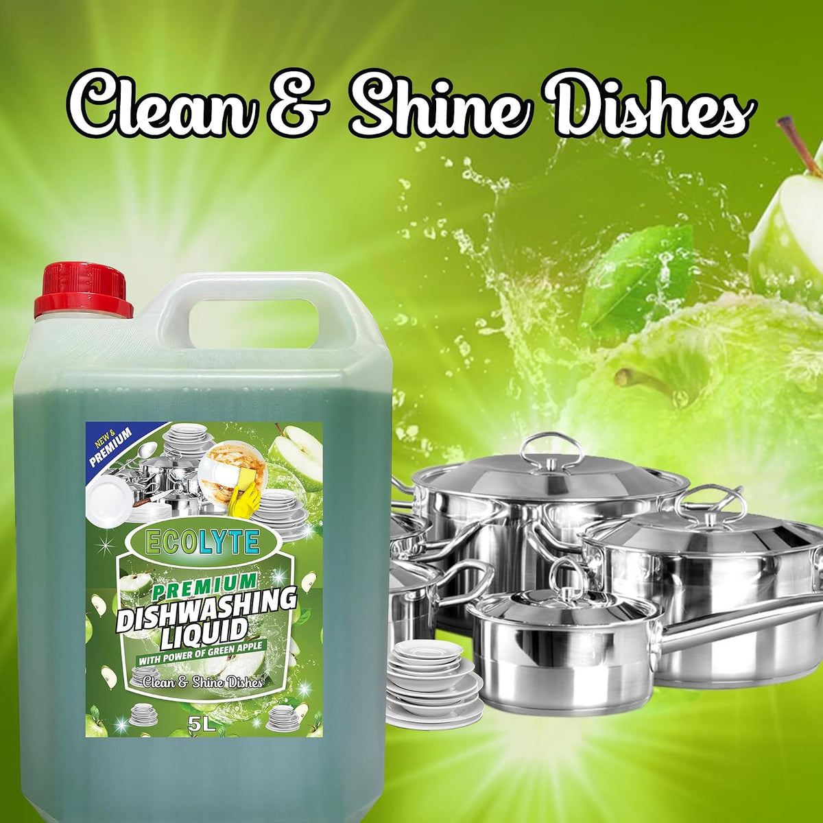 ECOLYTE+ Dishwashing Liquid Soap, Platinum Antibacterial Detergent & Perfect Shine, All Purpose Cleaner, Leaves No Residue, Kitchen Cleaner, Removes Grease & Oil - (Green Apple, 5 Liter) — additional view 5
