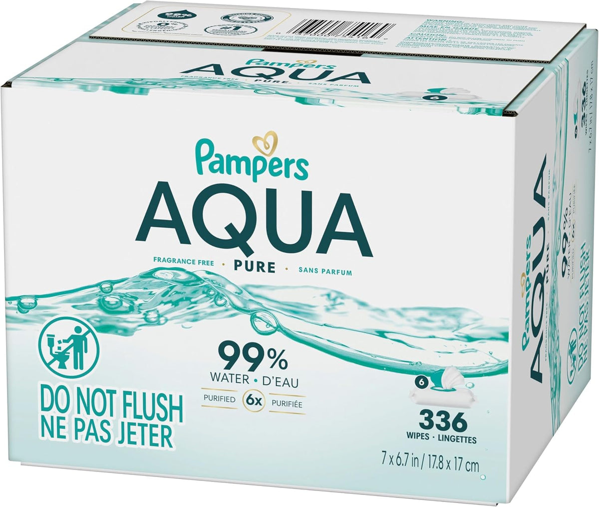Pampers Aqua Pure Sensitive Baby Wipes, 99% Water, Hypoallergenic, Unscented Baby Wipes, 336 Baby Wipes Total (6 Flip-Top Packs)