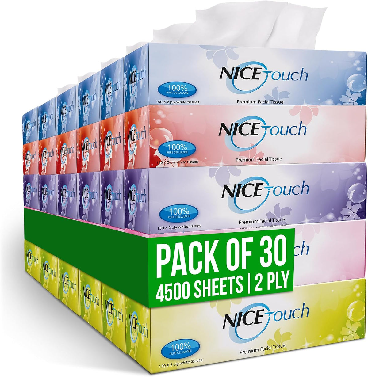 Nice Touch 2-Ply Facial Tissue Box – Pack of 30 – 4500 Soft & Fluffy Facial Tissue Sheets — front product image