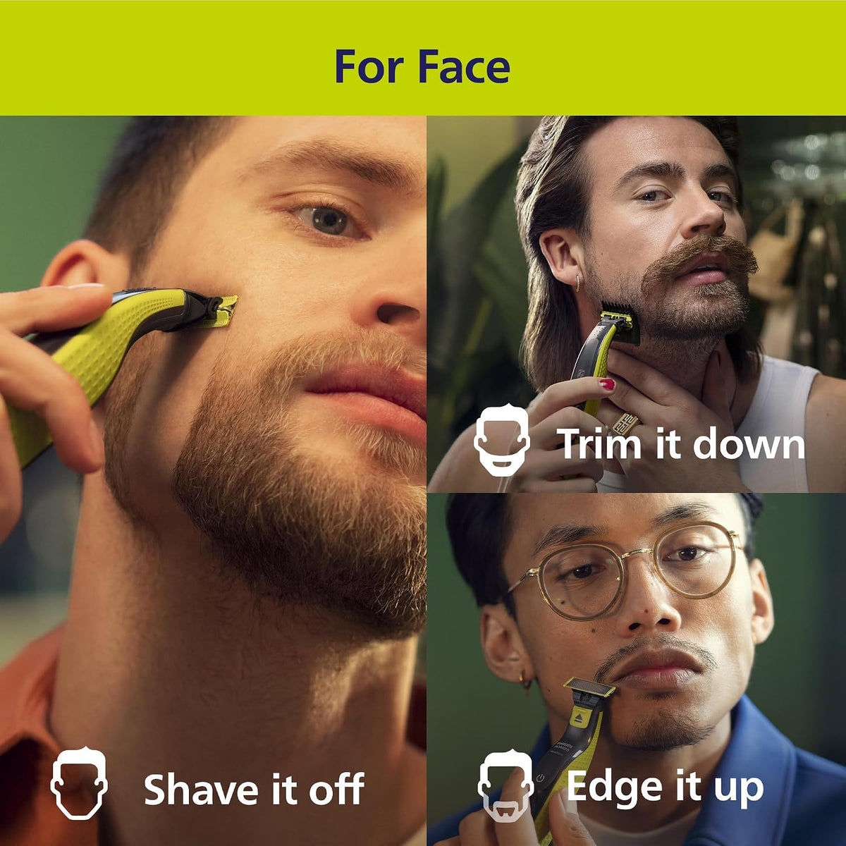 Philips Norelco OneBlade 360 Face, Hybrid Electric Beard Trimmer and Shaver with 5-in-1 Face Stubble Comb, Frustration Free Packaging, QP2724/90 — Black & Lime Green
