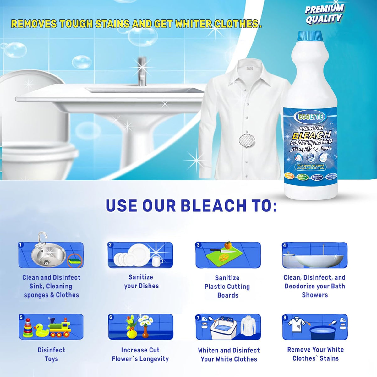 ECOLYTE+ Bleach Premium, For White Clothes, Removes Tough Stains, Brighter Whites, Ideal for Bathroom Taps, Basins, Showers & Toilet Cleaner (1 Liter) — additional view 5