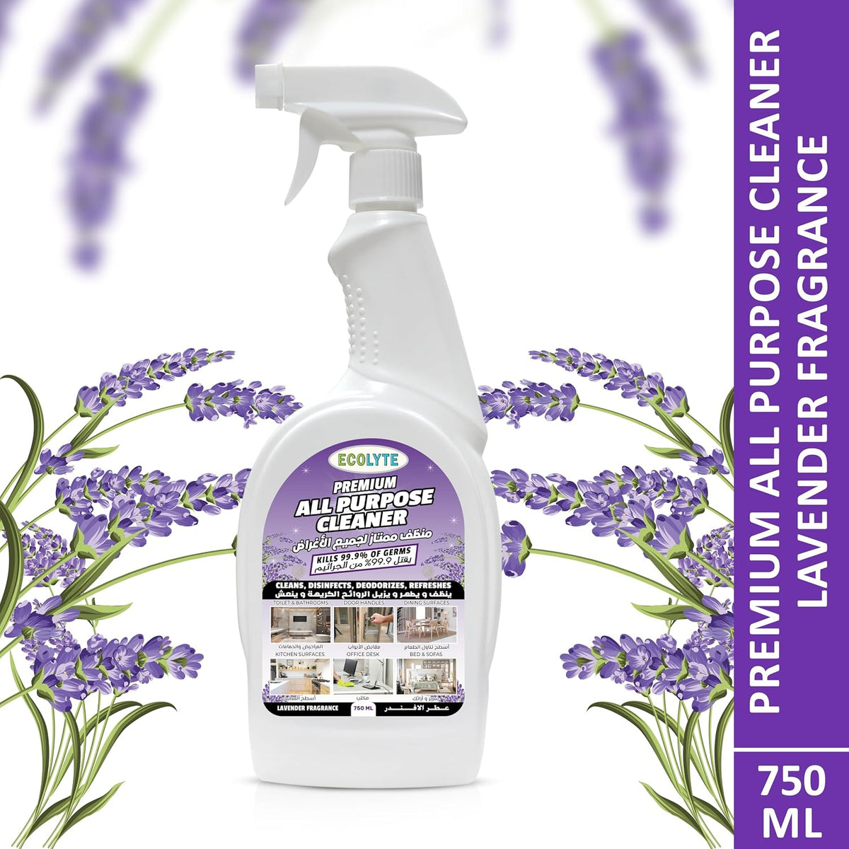 ECOLYTE+ All Purpose Cleaner, Premium for 100% Removal of Dirt, Cleans, Disinfects, Deodorizes & Refreshes, Kills 99.9% Germs, Trigger Spray Bottle – (Lavender, 750ml) — additional view 2
