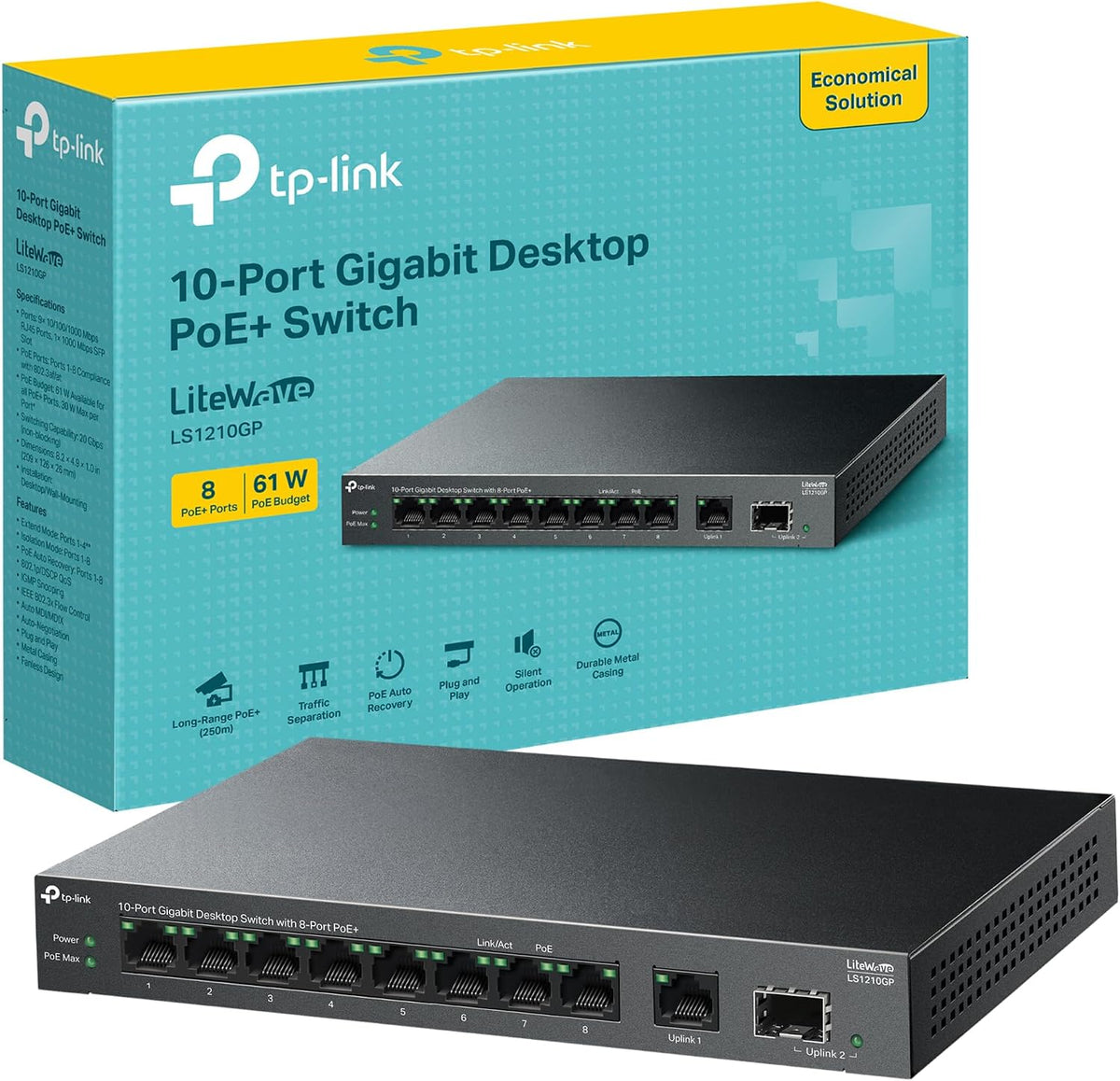 TP-Link 10-Port Gigabit Desktop Switch with 8-Port PoE+, 61 W PoE Budget, 30 W PoE output, Up to 250m PoE Transmission. Traffic Separation, Plug and Play, Fanless, Metal Case (LS1210GP)