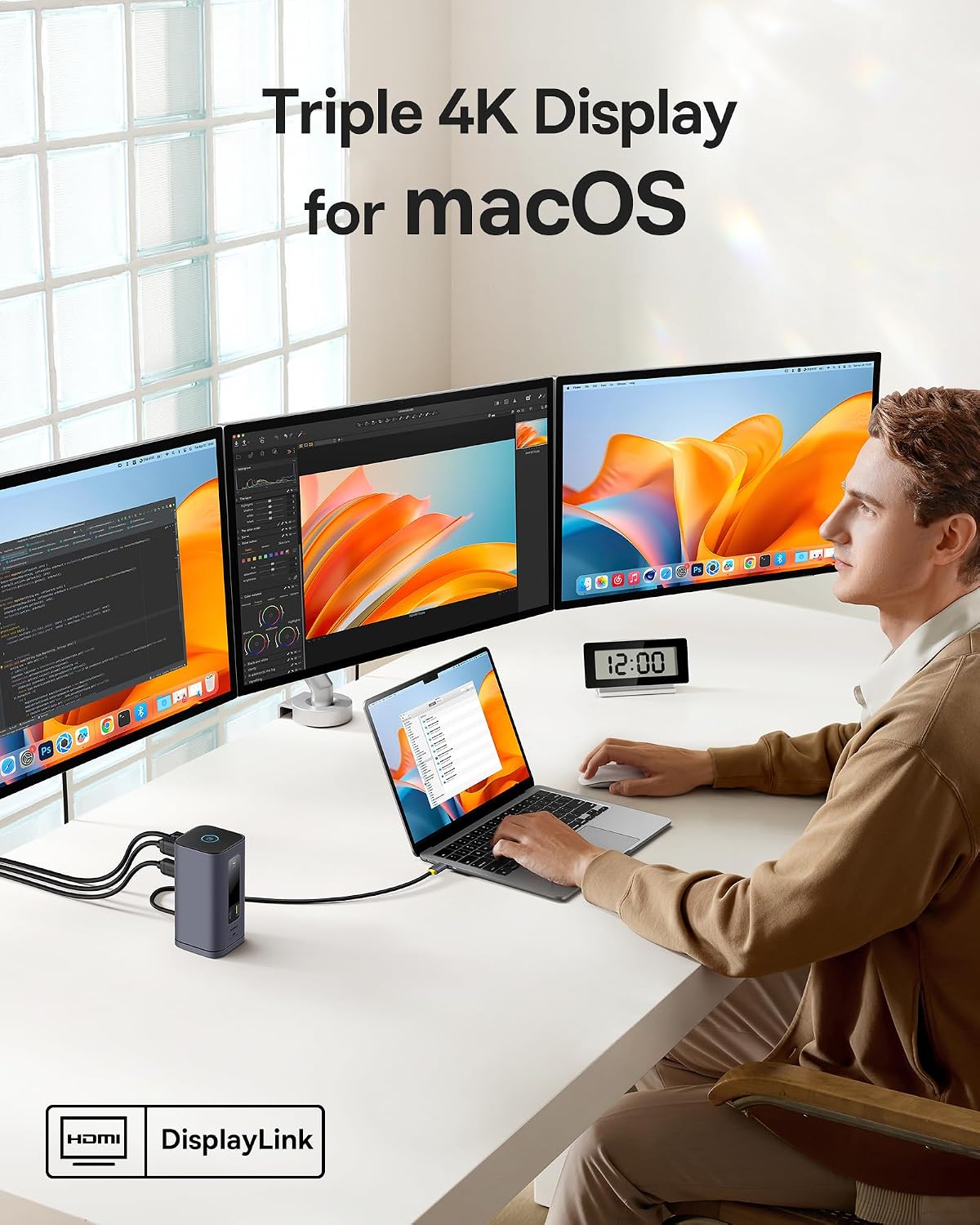 Baseus Spacemate Displaylink Docking Station USB C, 11 in 1, 3 Monitor 4K, 10Gbps USB-C/A, PD 100W, Ethernet, Audio, for M1/M2/M3/Win and MacOS — Triple Monitor for macOS — Grey