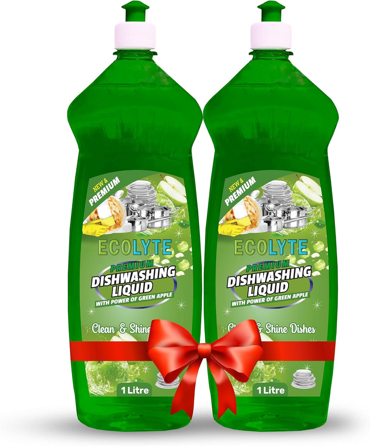 ECOLYTE+ Dishwashing Liquid Soap, Platinum Antibacterial Detergent & Perfect Shine, All Purpose Cleaner, Leaves No Residue, Kitchen Cleaner, Removes Grease & Oil - (Green Apple, 1 Liter, Pack of 2) — front product image