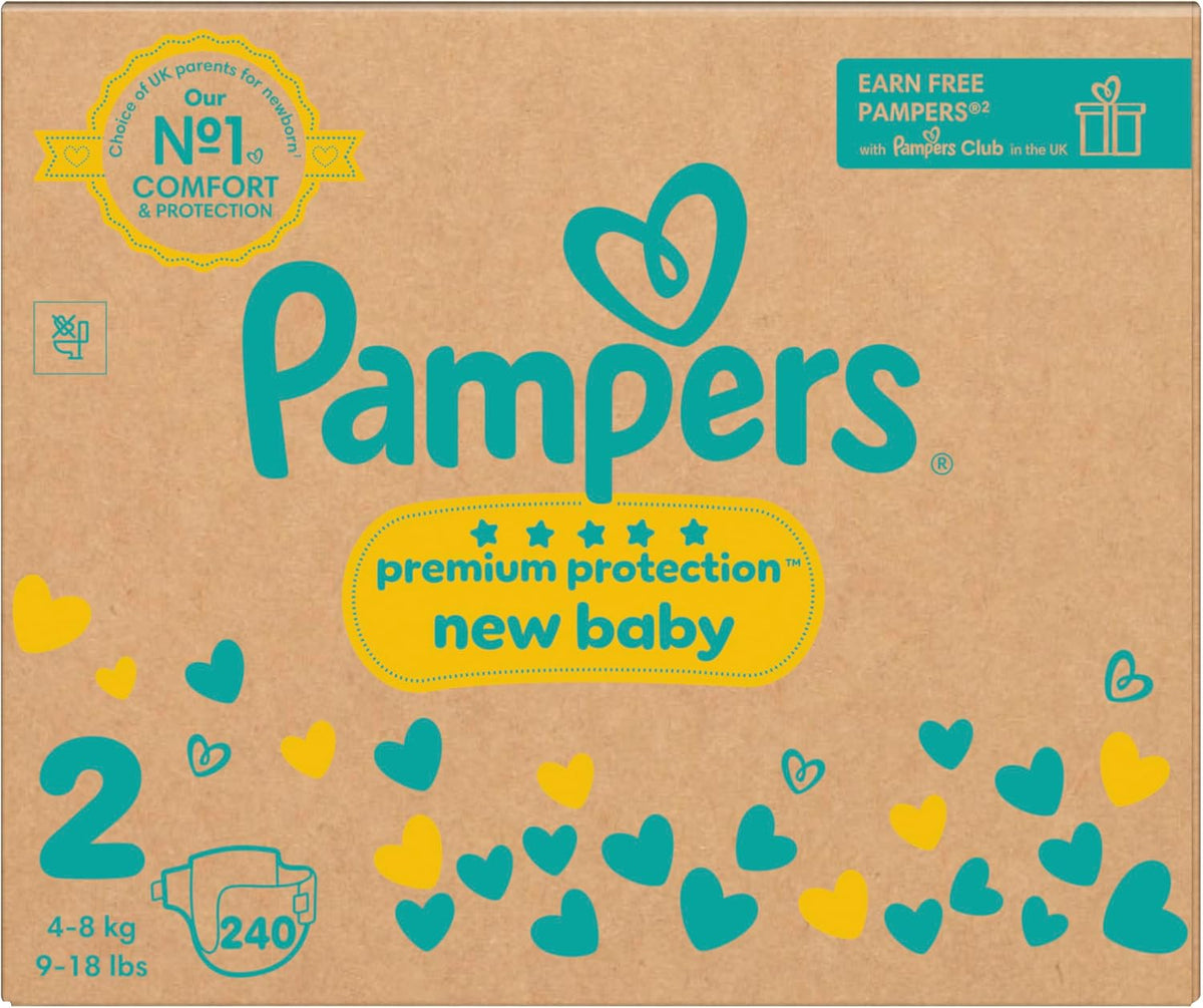 Pampers Premium Protection New Baby Size 2, 240 Nappies, 4kg-8kg, Monthly Pack + Pampers Harmonie Aqua Baby Wipes 10 Count