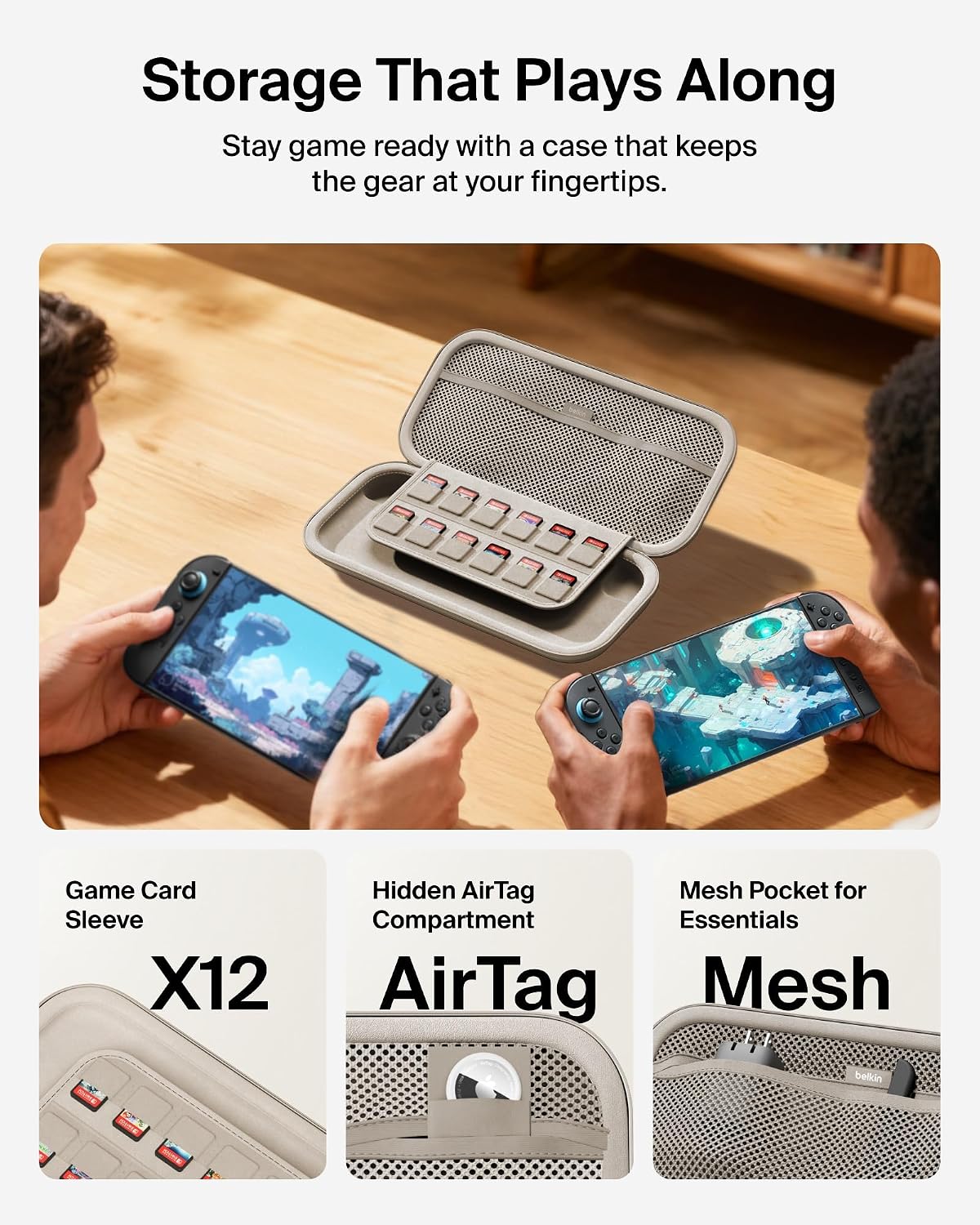 Belkin Nintendo Switch 2 Case Travel Bag w/AirTag Holder & Game Card Storage Pocket - Portable Lightweight Protective Carrying Case w/Hard Shell & Soft Interior, Gaming Travel Essentials - Sand