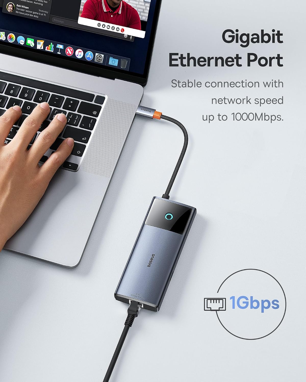 Baseus USB C Hub 10Gbps Adapter with LAN Ethernet, 4K @ 60Hz HDMI, 2 USB-A, USB-C, 100W PD, 6-in-1 USB Docking Station — Metallic Red