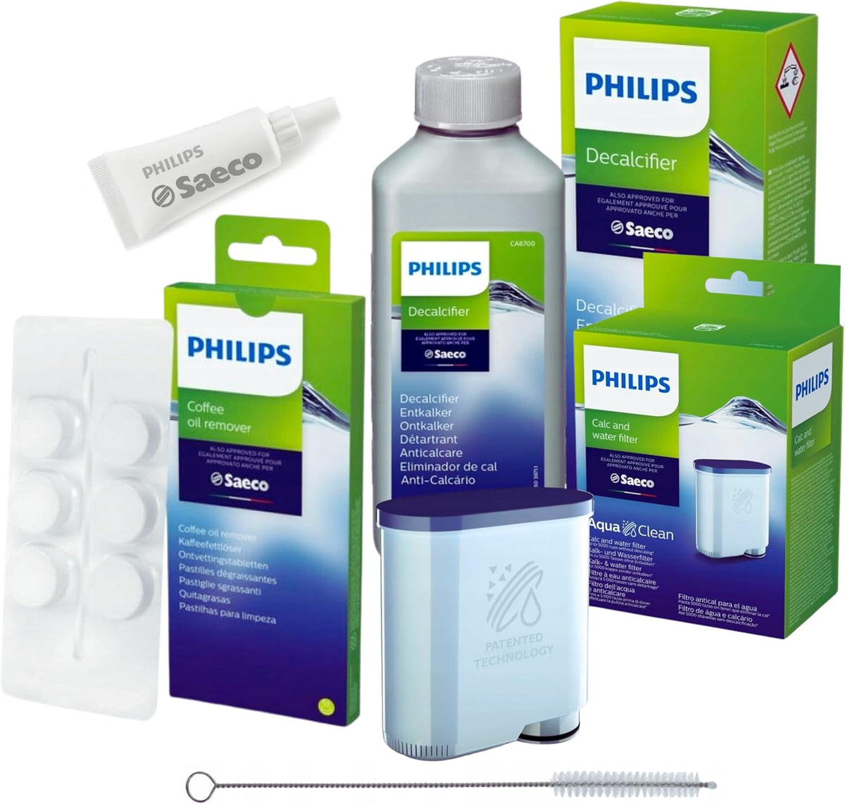 Philips AquaClean all-round care set for fully automatic coffee machines (includes water filter CA6903), descaler 250 ml, grease HD5061, coffee grease remover CA6704/10 (6 tablets), cleaning brush