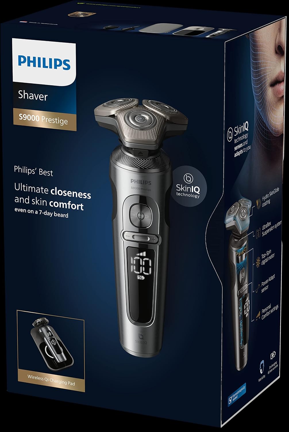 Philips Shaver Series 9000 Prestige, Wet and Dry Electric Shaver, Bright Chrome, Lift & Cut Shaving System, SkinIQ Technology, Qi Charging Pad, Beard Styler, Nose Trimmer, Model SP9871/22 — Bright Chrome Brushed