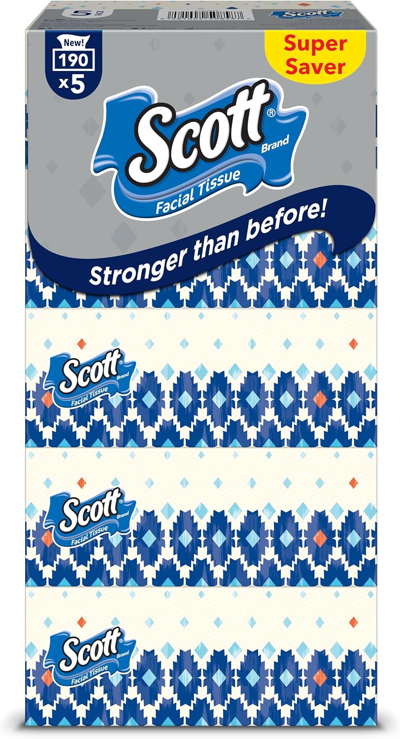Scott Facial Tissue, 2 PLY, Super Saver, 190 Sheets x 5 Tissue Boxes — front product image
