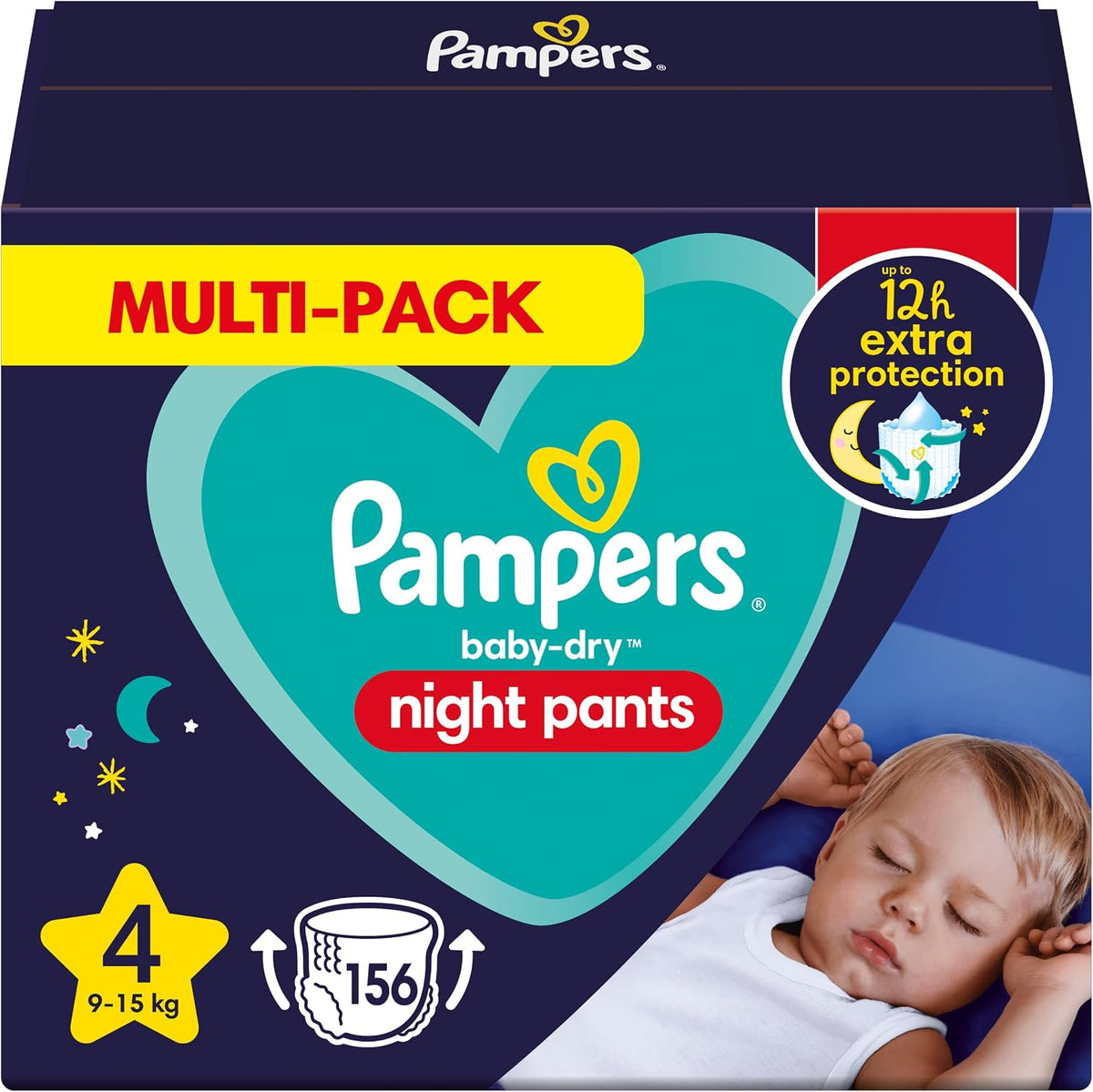 Pampers Nappy Pants Size 4 (9-15 kg / 20-33 lbs), Baby-Dry Night, 156 Nappies, MONTHLY BOX, Extra Protection All Night Long, Pull Ups