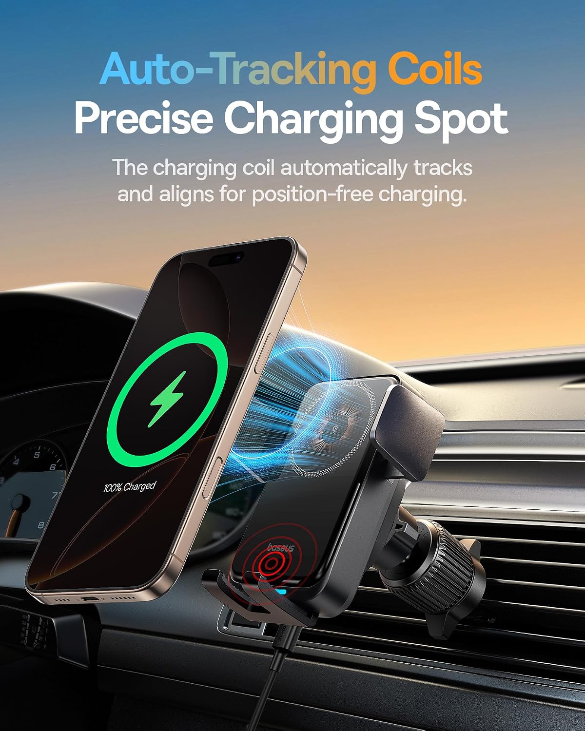 Baseus Wisdom Pro Wireless Car Charger Mount, 15W Qi Fast Charging, Auto-Clamping Air Vent Phone Holder, 360° Rotation — 360°-Wireless-Wisdom Pro — Black