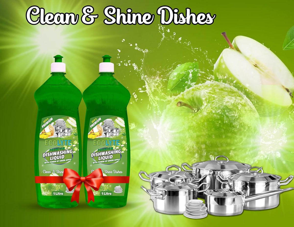 ECOLYTE+ Disinfectant Platinum Antibacterial dishwashing Liquid Soap Detergent & Perfect Shine, all-purpose cleaner, No Residue, Kitchen Cleaner, Removes grease & oil, Pack of 4 (Green Apple, 1 Liter) — additional view 3