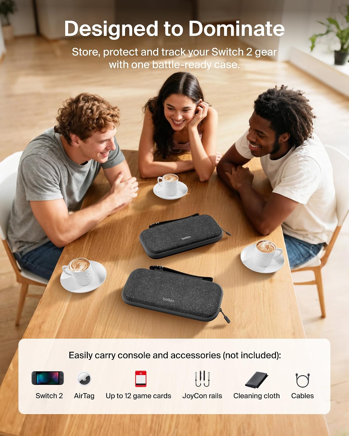 Belkin Nintendo Switch 2 Case Travel Bag w/AirTag Holder & Game Card Storage Pocket - Portable Lightweight Protective Carrying Case w/Hard Shell & Soft Interior, Gaming Travel Essentials - Charcoal