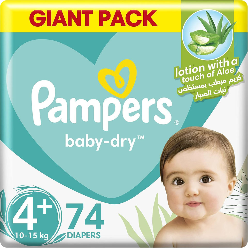 Pampers Baby-Dry Diapers with Aloe Vera Lotion and Leakage Protection, Size 4+, 10-15 kg, 74 Diapers