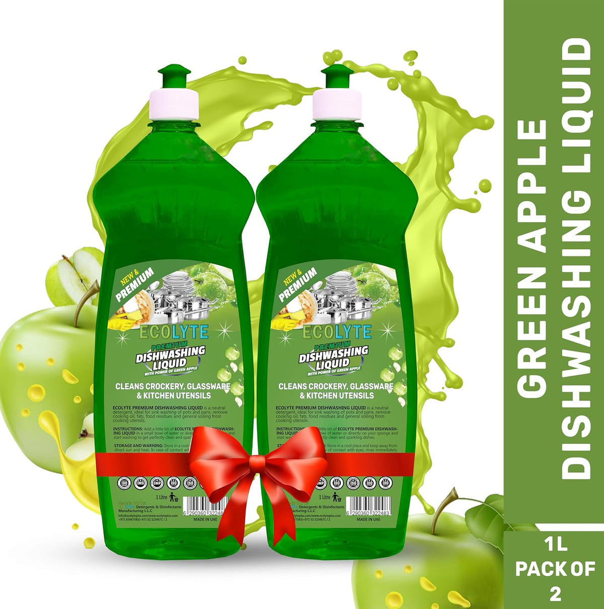 ECOLYTE+ Disinfectant Platinum Antibacterial dishwashing Liquid Soap Detergent & Perfect Shine, all-purpose cleaner, No Residue, Kitchen Cleaner, Removes grease & oil, Pack of 4 (Green Apple, 1 Liter) — additional view 2