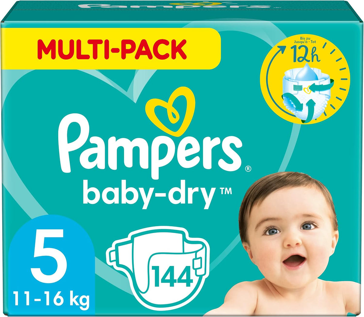 Pampers Baby Nappies Size 5 (11-16 kg/24-35 Lb), Baby-Dry, 144 Nappies, Monthly Savings Pack, Up to 12h of All-Around Leakage Protection