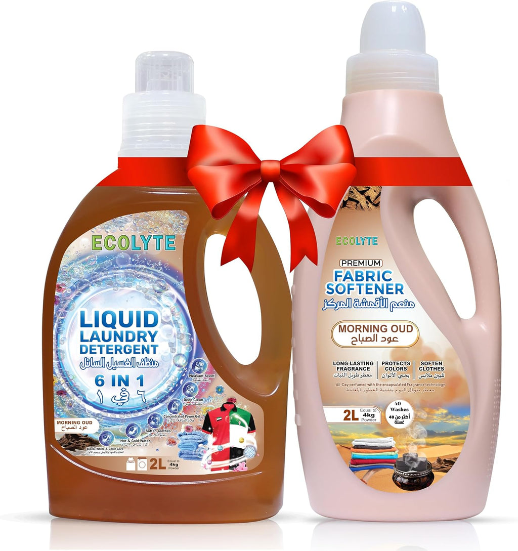 ECOLYTE+ Liquid Laundry Detergent & Fabric Softener Bundle, 6 in 1 Deep Clean, Perfect Clean, Long Lasting Scent, Enhances Softness, Feel Luxurious - (Morning Oud, 2 Liter, Pack of 2) — front product image