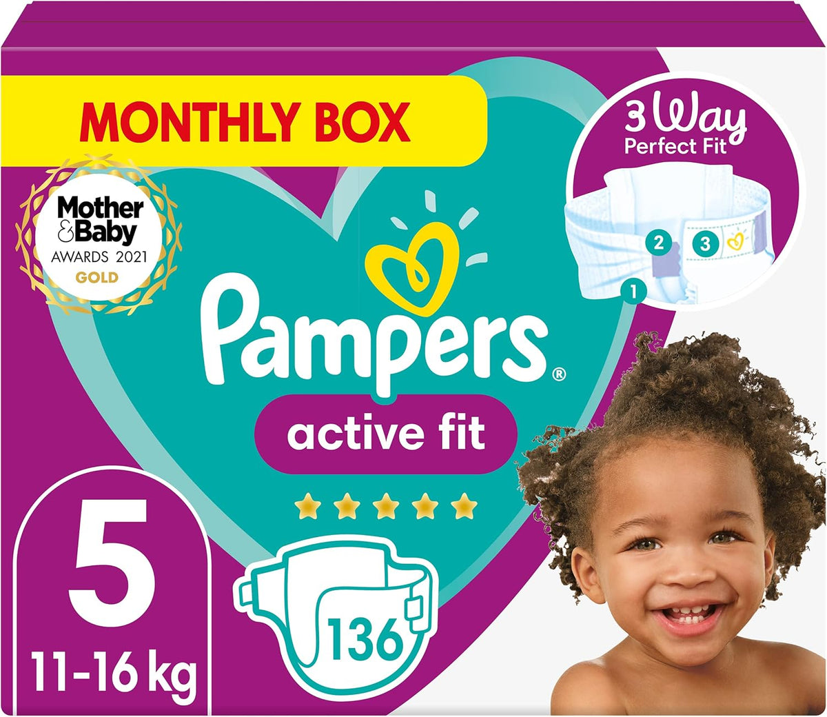 Pampers Baby Nappies Size 5 (11-16 kg/24-35 Lb), Active Fit, 136 Nappies, MONTHLY SAVINGS PACK, Pampers’ Trusted Fit and Comfort For Your Wild Child