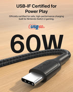 Belkin Gaming USB-C to USB-C Cable 60W (6.6ft), Braided Type C Charger Fast Charging for Nintendo Switch 2, iPhone 16, iPhone 15, iPad, MacBook Air, Chromebook, Samsung Galaxy S25 Ultra, etc. - Black