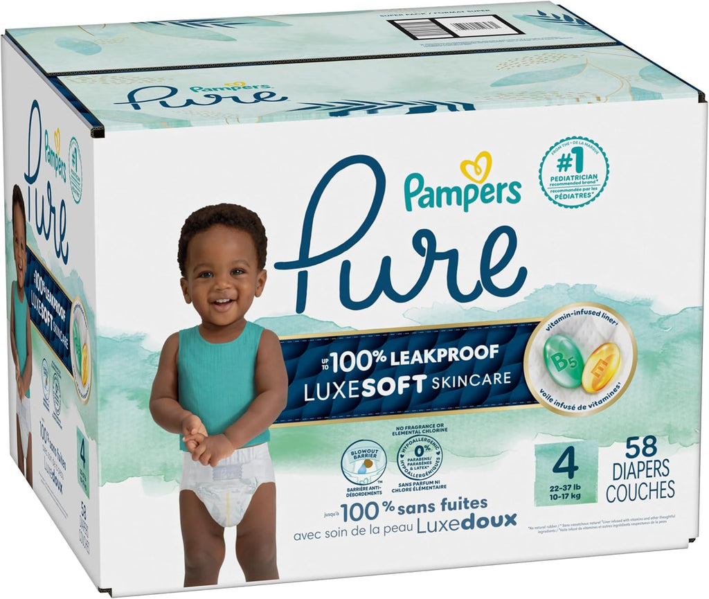 Pampers Pure Protection Diapers - Size 4, 58 Count, Hypoallergenic Premium Disposable Baby Diapers (Packaging May Vary)