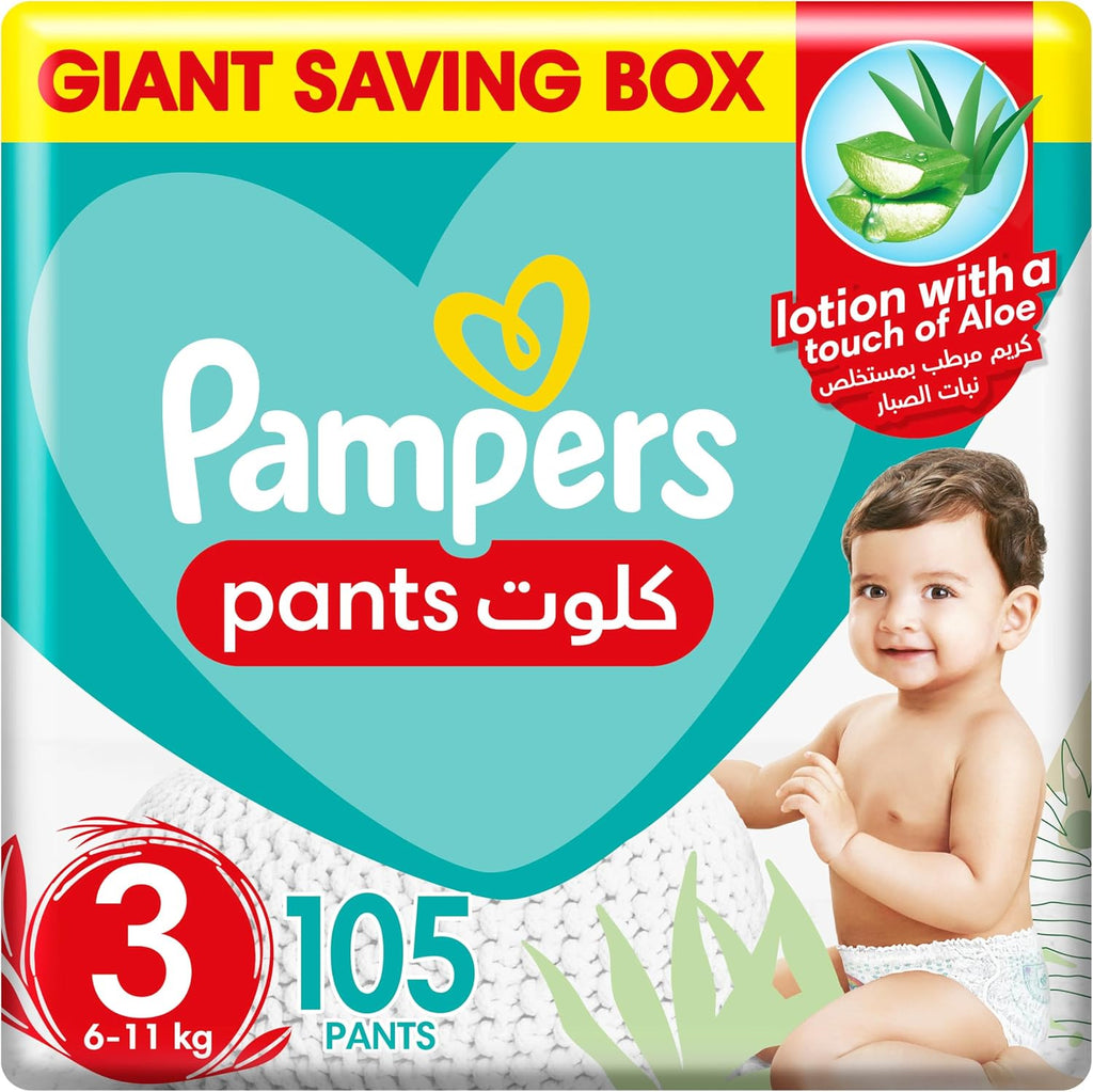 Pampers Baby-Dry Pants Diapers with Aloe Vera Lotion, 360 Fit & up to 100% Leakproof, Size 3, 6-11kg, Mega Box, 105 Count