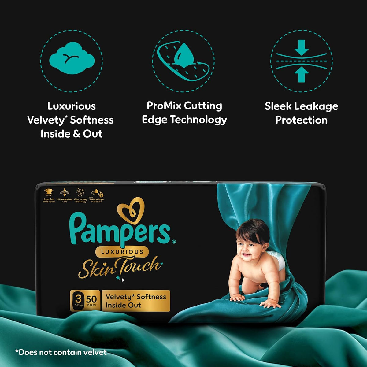 Pampers Luxurious Skin Touch Premium Diapers Size 3,6-10kg 50 for Toddlers (Pack of 2)