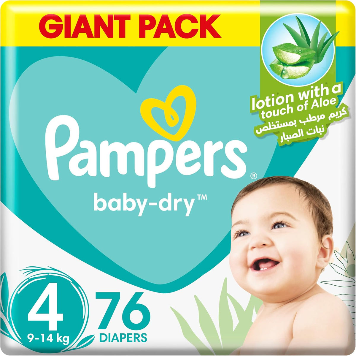 Pampers Baby-Dry Taped Diapers with Aloe Vera Lotion, up to 100% Leakage Protection, Size 4, 9-14kg, 76 Count