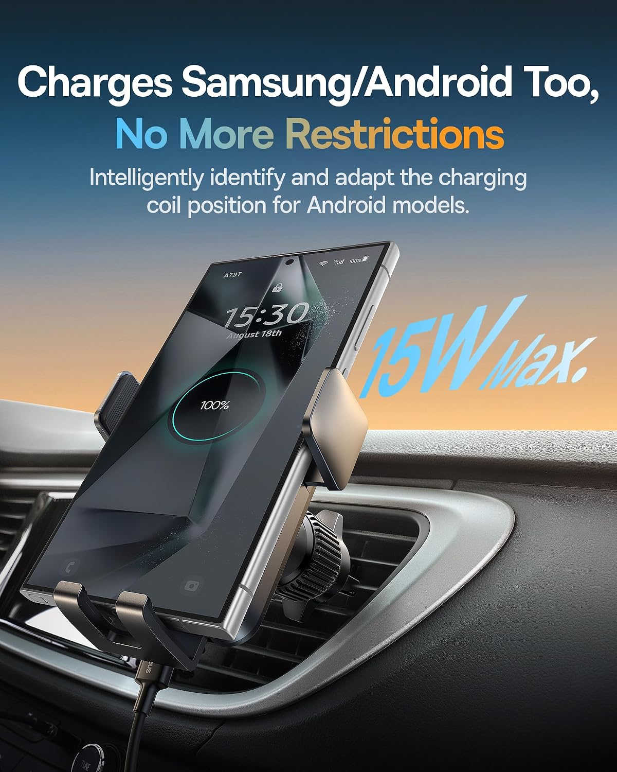 Baseus Wisdom Pro Wireless Car Charger Mount, 15W Qi Fast Charging, Auto-Clamping Air Vent Phone Holder, 360° Rotation — 360°-Wireless-Wisdom Pro — Black