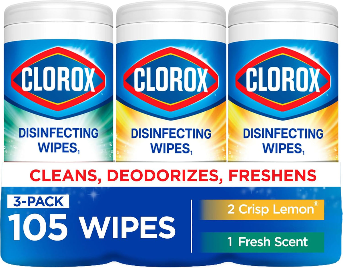 Clorox Disinfecting Wipes, Fresh Scent & Crisp Lemon Triple Pack x 35, Cleans 3x Better, Kills 99.9% of Viruses and Bacteria — front product image