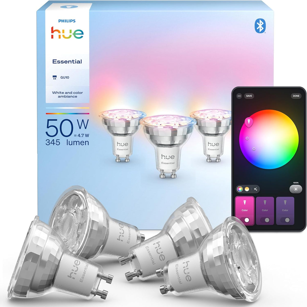 Philips Hue Essential GU10 Smart LED Spot Light, 4.7 W, 2200-6500 K, 345 Lumens, Dimmable, Alexa, Google Assistant and Apple Home, Pack of 4 — Multicolor